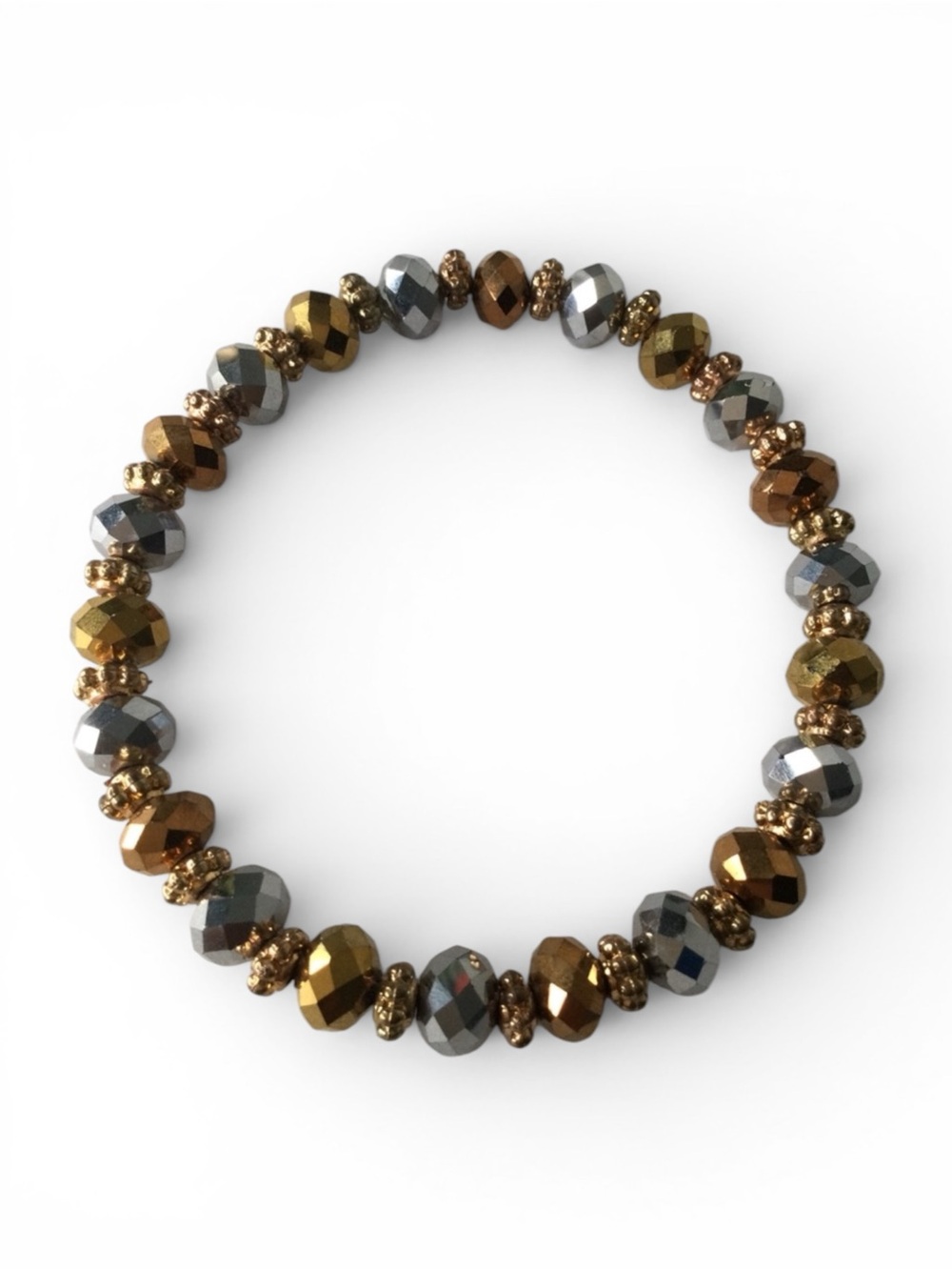Handmade Faceted Beaded Stretch Bracelet - Metallic Silver, Gold & Copper - Picture 6 of 10